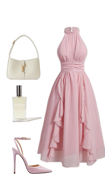 Pink A Line Halter Ruffle Chiffon Prom Dress Party Dress HZ1023